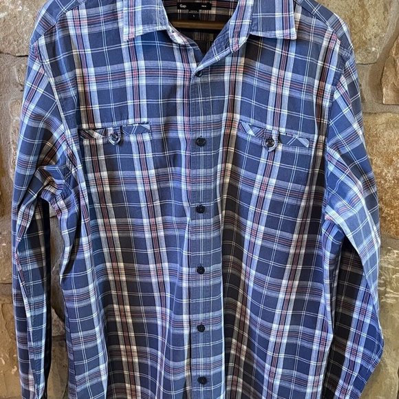 GAP long-sleeved button-down check shirt, men's size M cotton navy blue type Vintage Second Hand